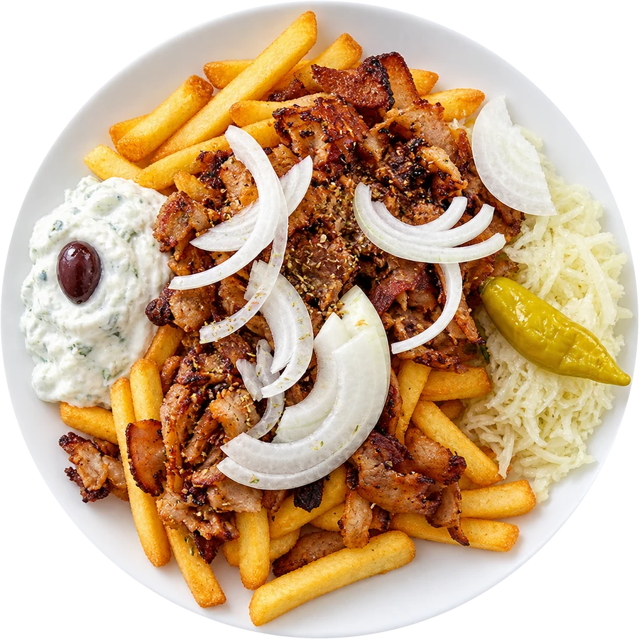 Gyrosteller mit Pommes, Zwiebeln und Tsatsiki, von oben