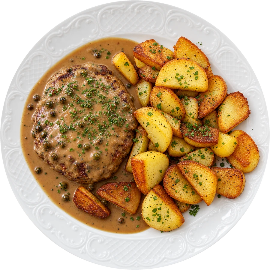 Hacksteak mit Pfeffersoße und Bratkartoffeln, von oben